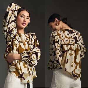 Bl^nk London x Anthropologie MIRANDA PEASANT Med Brown Floral Blouse